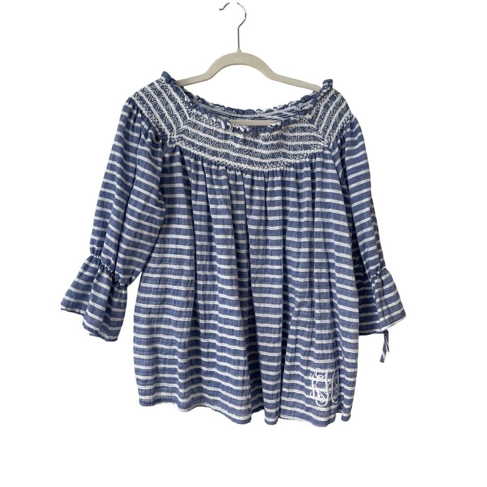 Jordann Blouse Size Large Smocked Off Shoulder Striped Blue White Embroidered
